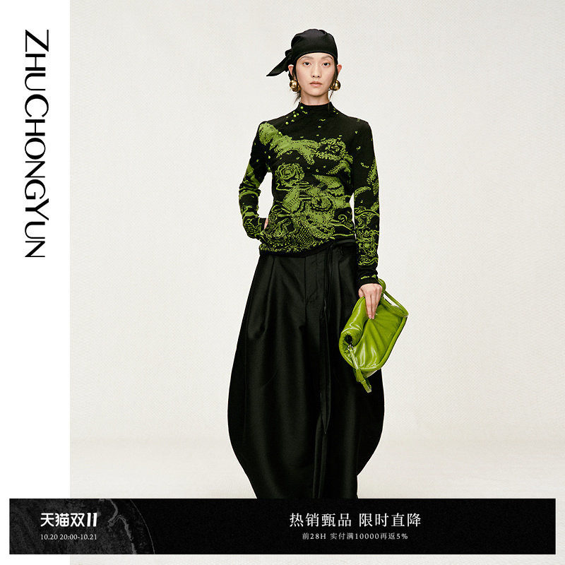 ZHUCHONGYUN新款东方中式斜门襟提花上衣修身版型毛针织衫