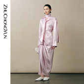 立裁不规则抽褶粉半裙 一片式 花语情笺 ZHUCHONGYUN2025秋新款