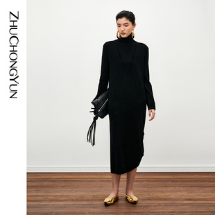 ZHUCHONGYUN冬季 黑色高领修身 羊毛针织连衣裙 山灵系列
