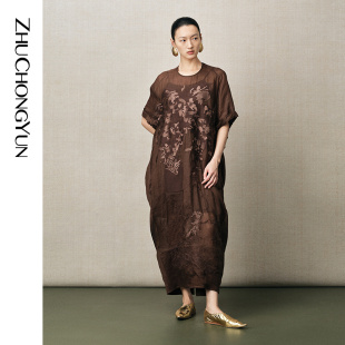 口宽松短袖 卷边袖 ZHUCHONGYUN2025夏通透薄款 连衣裙 石趣焰影