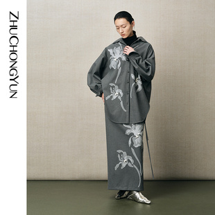 宽松上衣 中长款 ZHUCHONGYUN2025冬新款 东方花纹廓形翻领衬衫