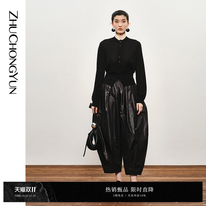 ZHUCHONGYUN秋季时尚简约优雅黑色圆领长袖薄款针织上衣