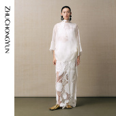 圆领抽褶宽松真丝衬衫 ZHUCHONGYUN2025夏新款 白色禅意新中式 上衣