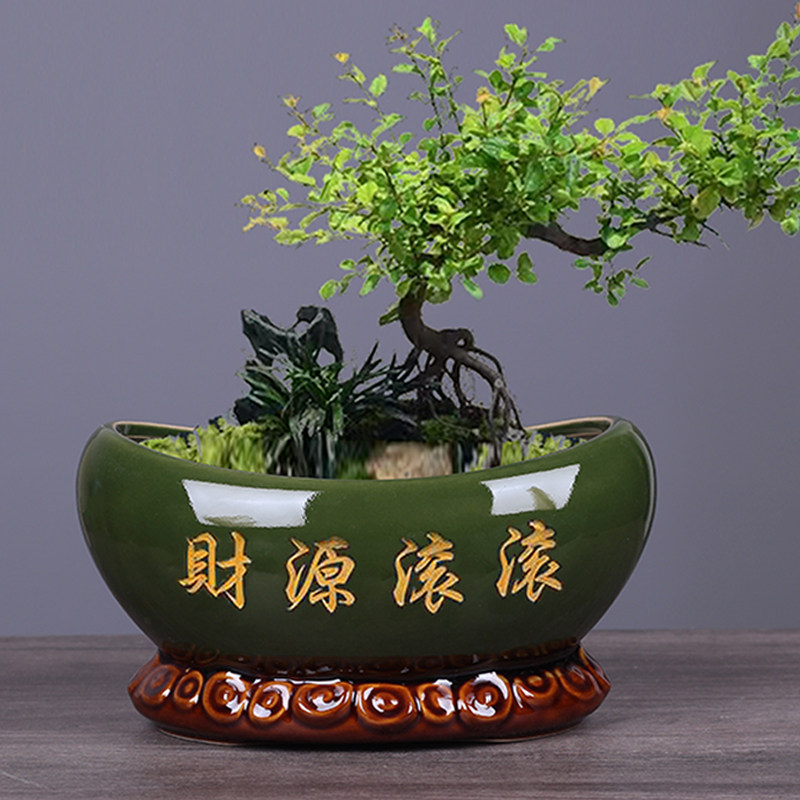 陶瓷花盆仿古禅意牛槽石头盆景长方形复古文竹有孔古法个性专用盆