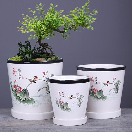 桌面大号花盆陶瓷带托盘