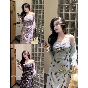 夏季 吊带连衣裙收腰海边度假碎花沙滩裙女 大码 微胖mm外搭网纱开衫