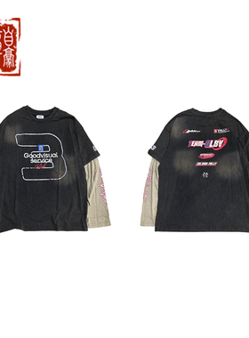 章自豪 GLOBALVALLY 夏季新款3周年喷脏做旧印花假两件长袖T恤男