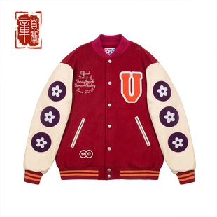 章自豪VandyThePink 25ss 刺绣夹棉红色校队棒球服外套夹克