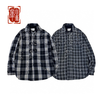CreatorSpiritus 限定 黑灰格黑白格 磨毛纹满钻漫天星辰水钻衬衫