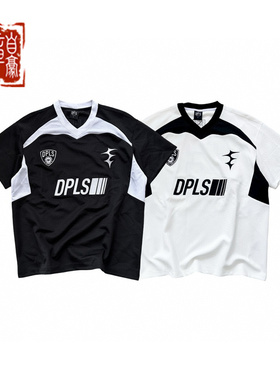 DPLS X EGO FETCH 联名机能拼接短袖 赛车风复古刺绣宽松V领T恤