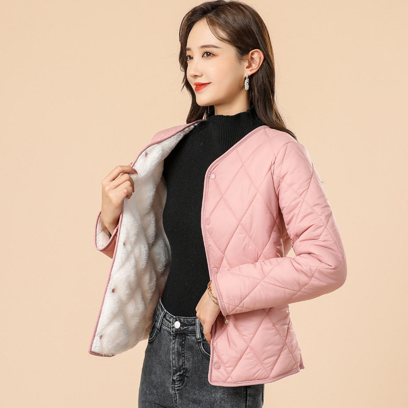 女士加绒加厚一体绒袖子带毛女款长袖棉衣棉服保暖加绒内胆女8230