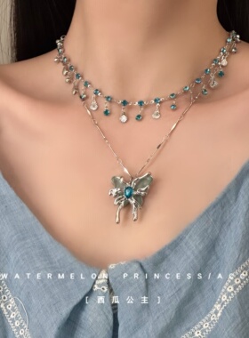 「蓝心蝶恋」双层叠戴项链女款2026新款轻奢小众蝴蝶锁骨链配饰潮