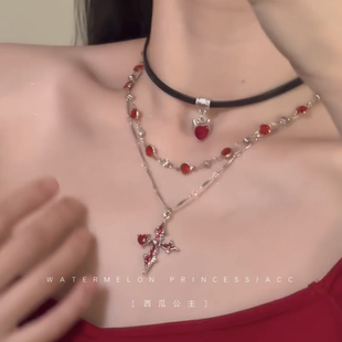 「泣血十字架」多层叠戴项链2025新款爆款颈链红色choker锁骨链女