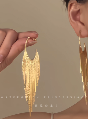 「轻奢女神」轻奢风长款流苏耳环女高级感欧美晚宴礼服金色耳饰