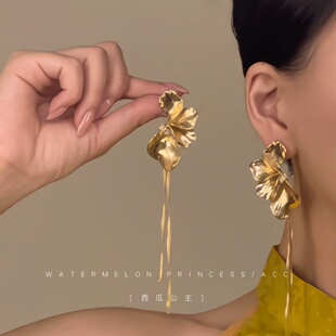 「鎏金飞花」新中式国风耳环女古风金色花朵长款流苏旗袍汉服耳饰
