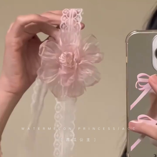 「蕾丝山茶花」蕾丝花朵项链女粉色山茶花锁骨链颈链choker颈带