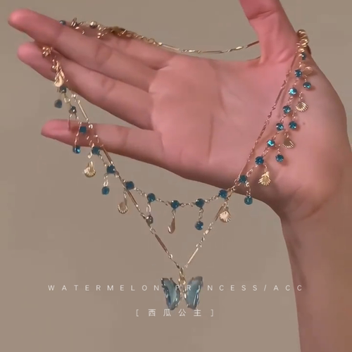 「蓝蝶之恋」蓝色蝴蝶项链女款2025新款爆款双层叠戴锁骨链配饰