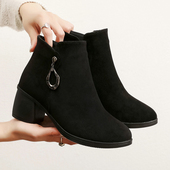 新款 粗跟女短靴子黑色工装 老北京布鞋 时尚 短筒马丁靴子 女棉鞋 冬季