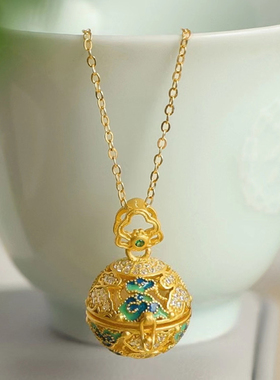 可打开祥云绣球香囊球吊坠古法金镂空烧蓝国潮古风锁骨链吊坠项链