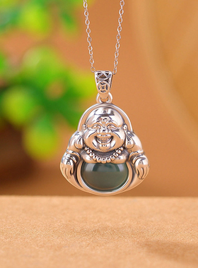 复古蓝水玉弥勒佛吊坠女新中式大肚笑佛圆牌挂坠蛋面钱币佛公项链