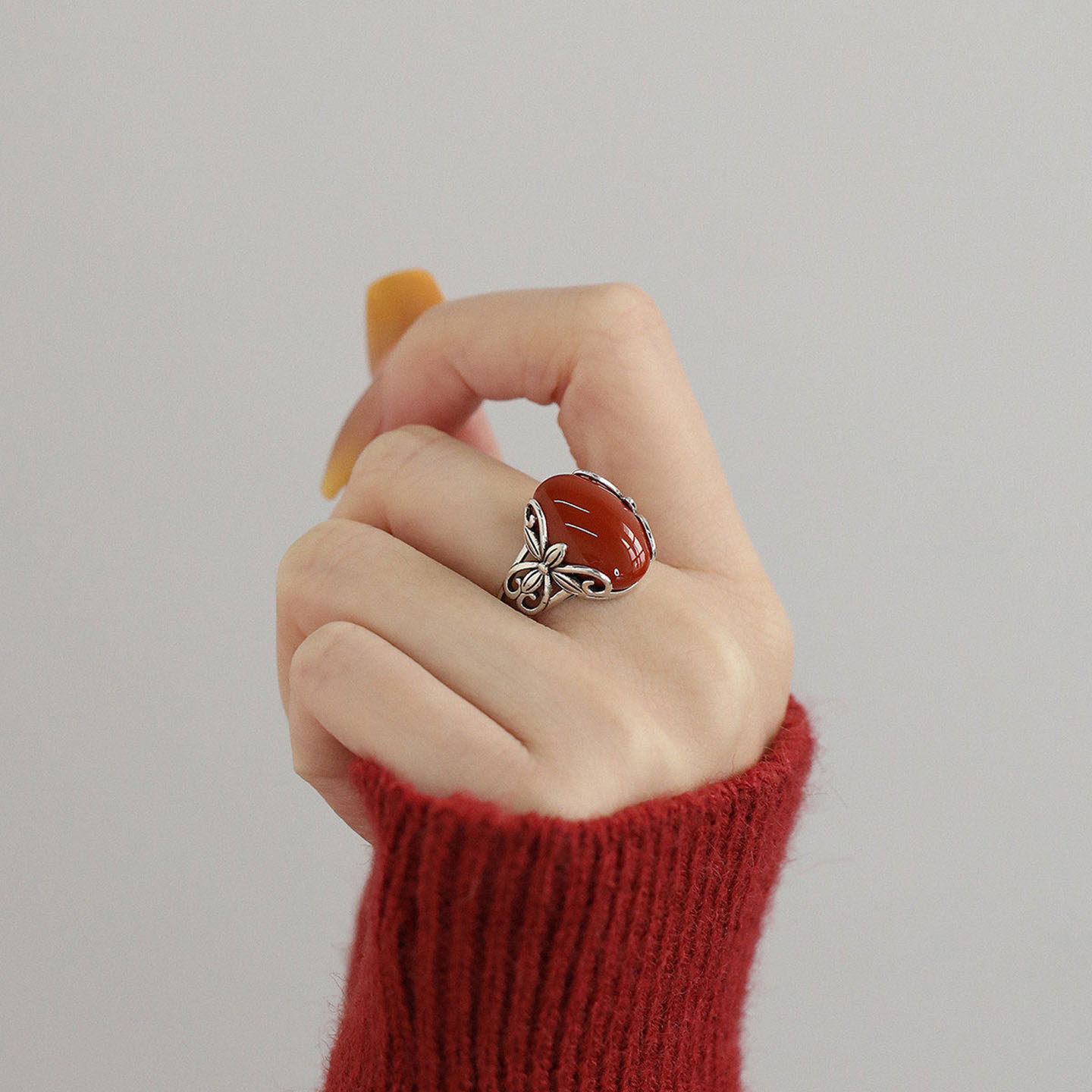 复古南红玛瑙花边蝴蝶蛋面戒指女士国风新中式小众开口可调节指环