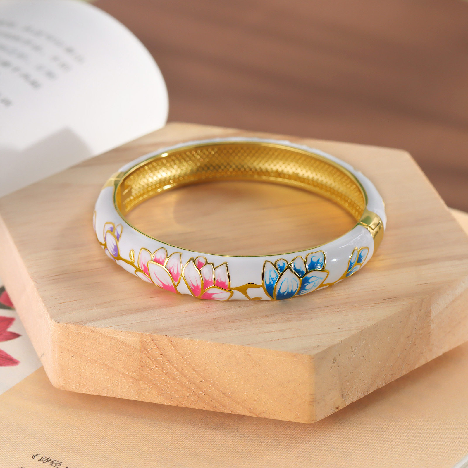 复古传统景泰蓝手镯女珐琅荷花宽版镀金开口手环中国民族风饰品