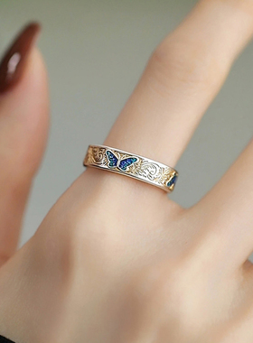 新中式描金卷草纹蝴蝶戒指女小众设计轻奢简约开口可调节经文指环