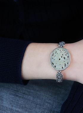 复古民族风手镯女中国风手工镶嵌和田青玉镂空雕花手镯饰品