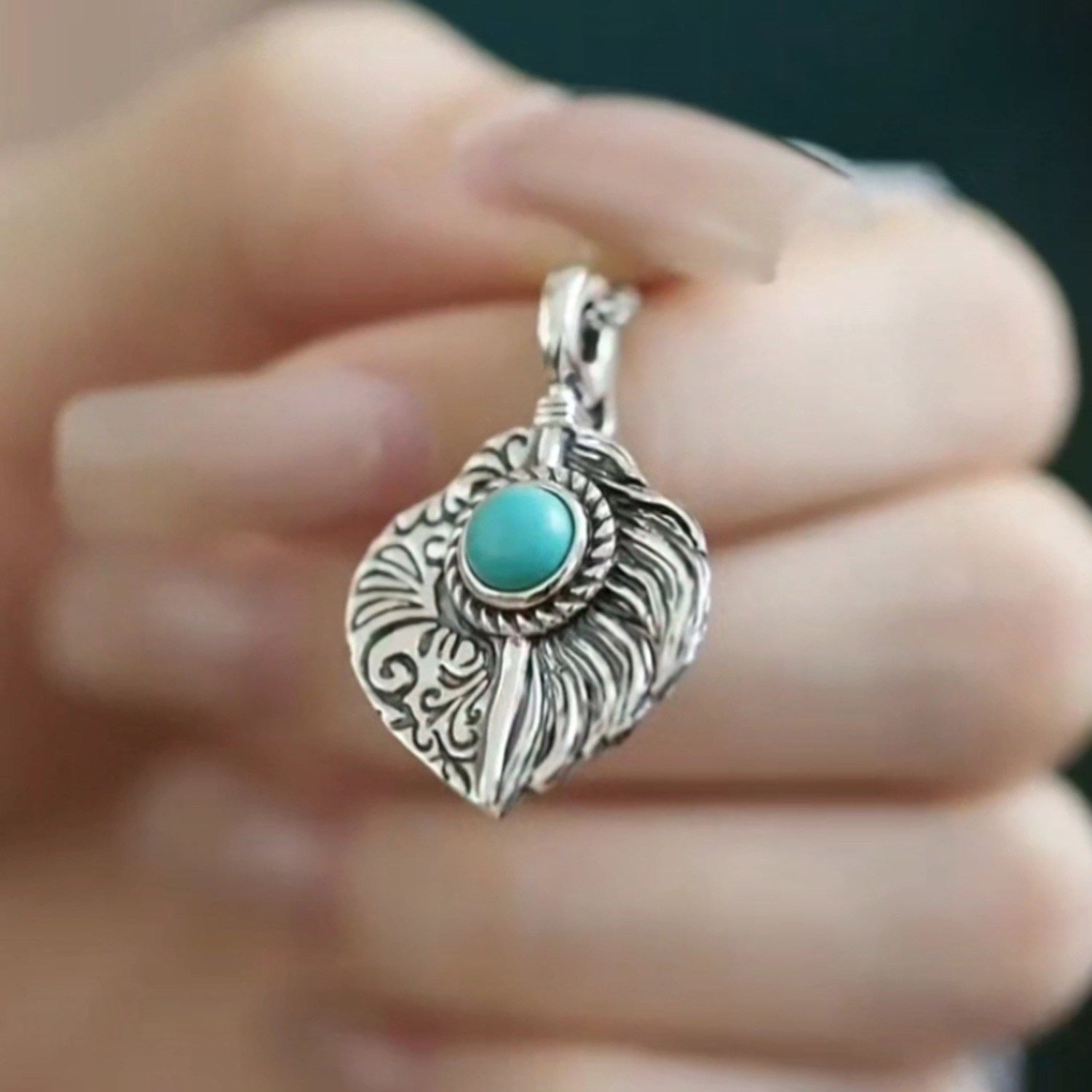 复古绿松石叶子吊坠女新中式小众锁骨链民族风蓝眼泪羽毛挂坠项链