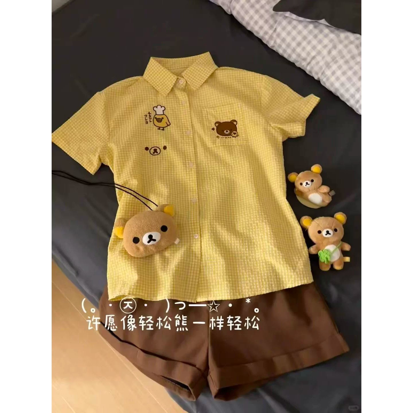 日系可爱亚萌感格子短袖衬衫上衣