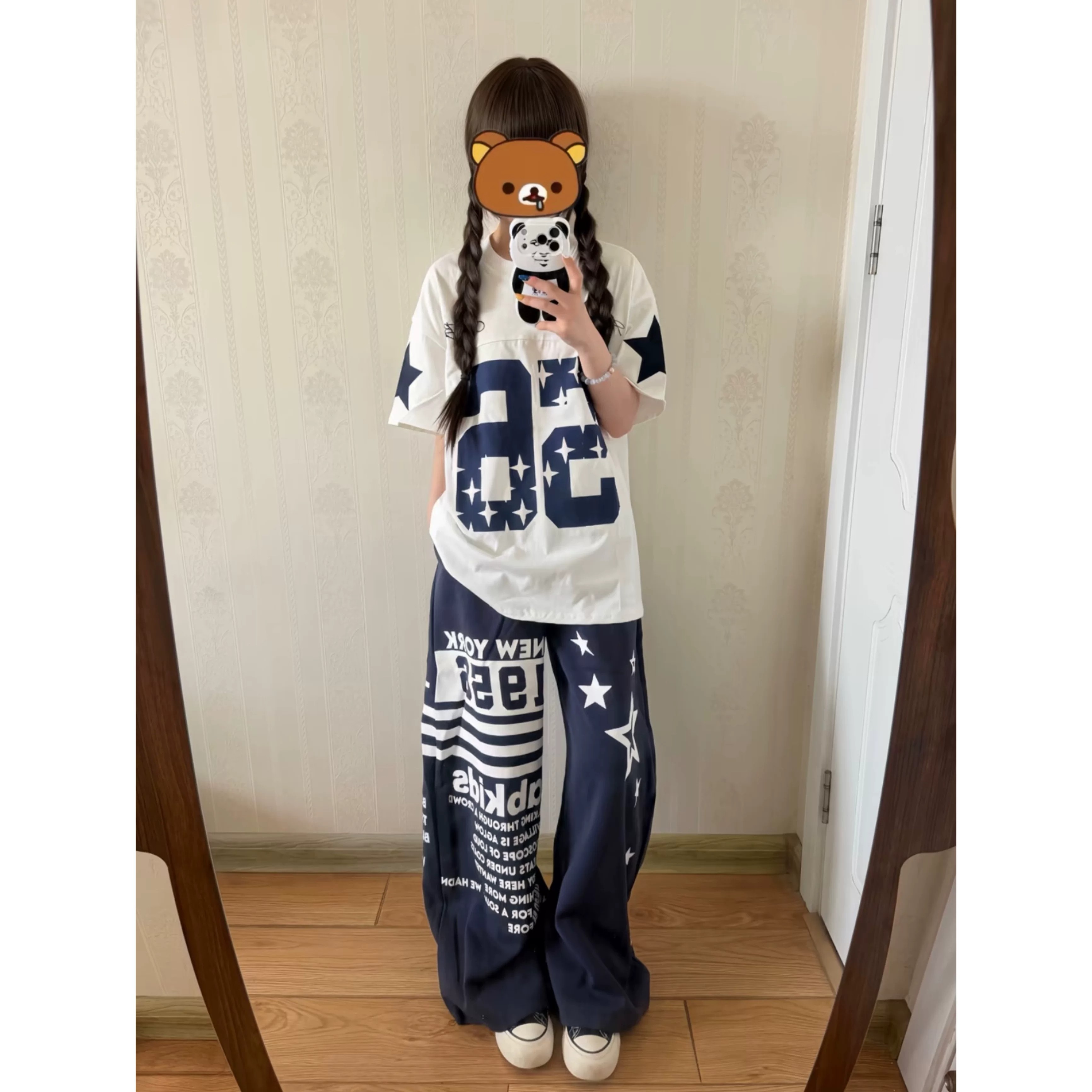 美式拼接手绘星星字母短袖t恤女
