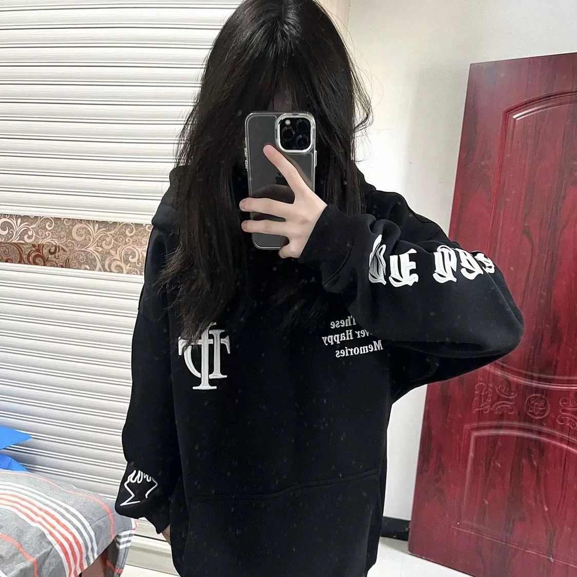 美式手袖星小火苗刺绣字母连帽卫