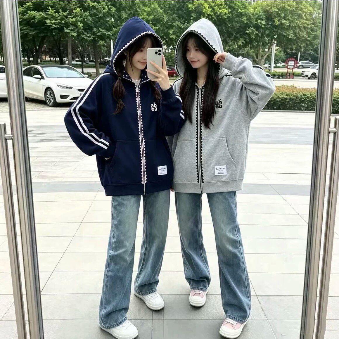 美式字母刺绣锯齿条纹连帽卫衣女