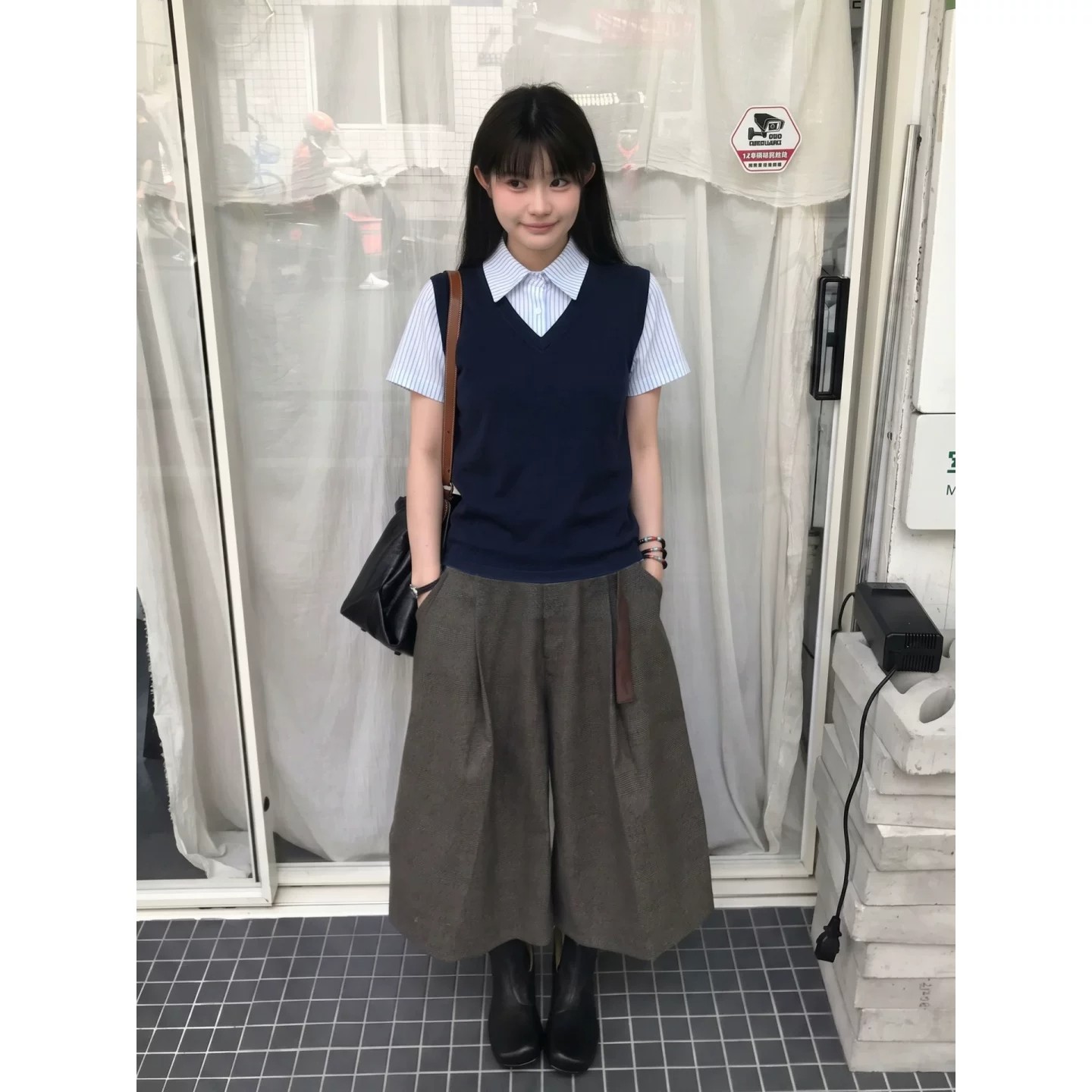 韩系条纹翻领假两件拼接短袖衬衫