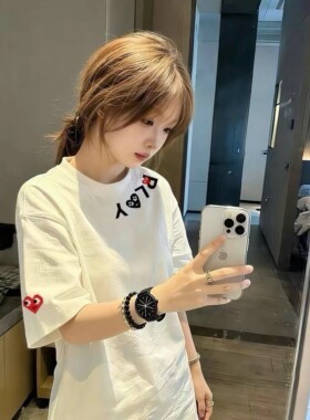 国潮hiphop桃心字母印花短袖t恤女夏季新款纯棉情侣同款宽松上衣