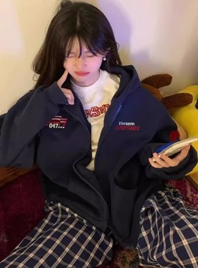 IMPORTANCE美式复古刺绣字母连帽卫衣女冬季新款潮流情侣同款外套