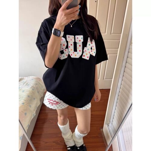 美式潮流彩色波点贴布刺绣短袖女