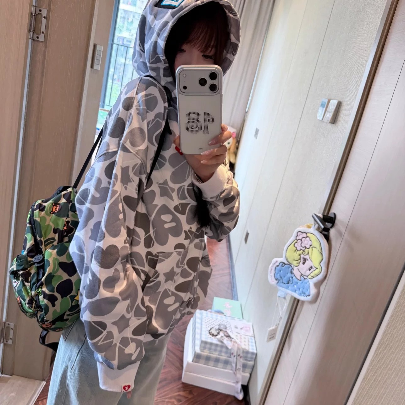 美式辣妹风迷彩星星印花连帽卫衣