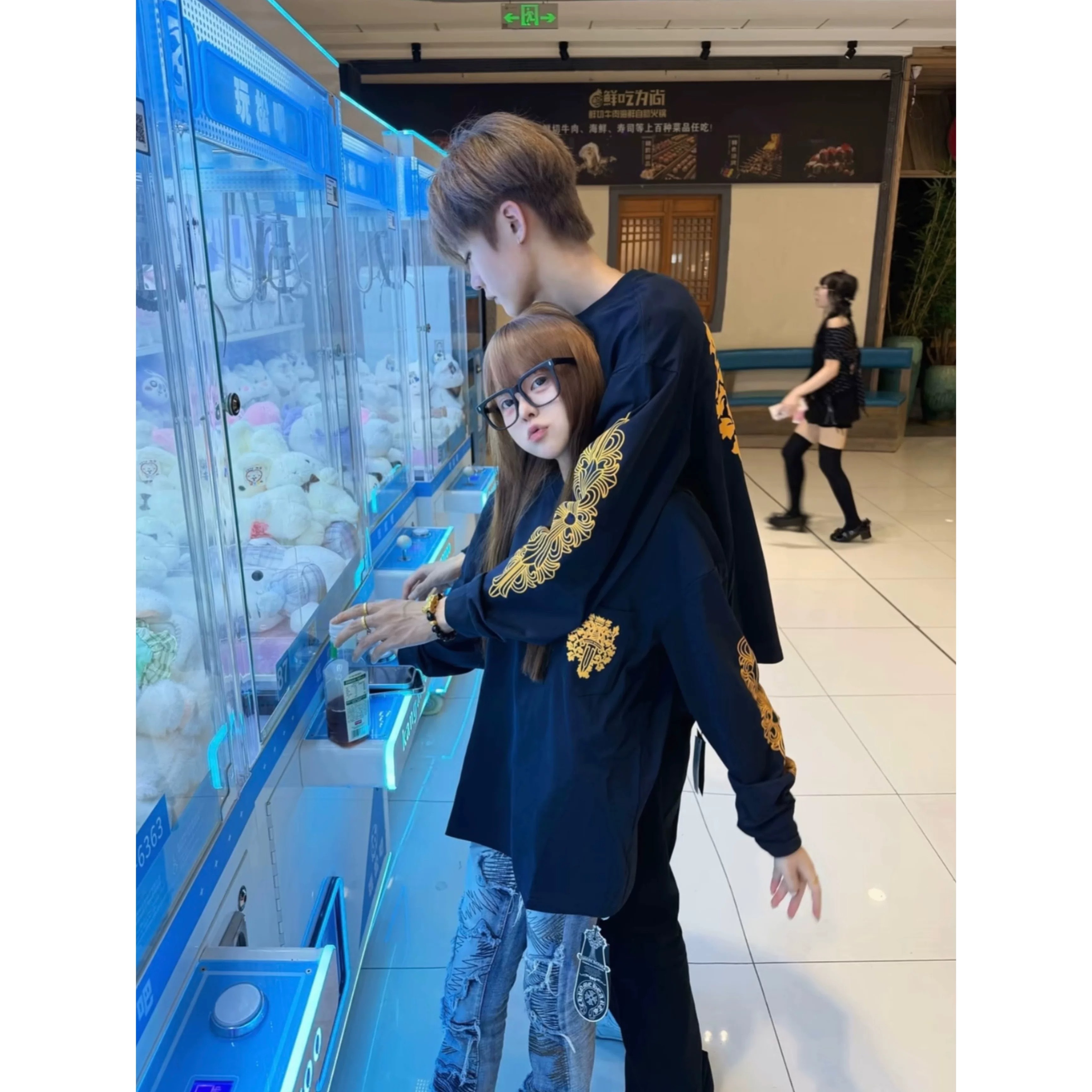 美式复古金色花印长袖情侣t恤女