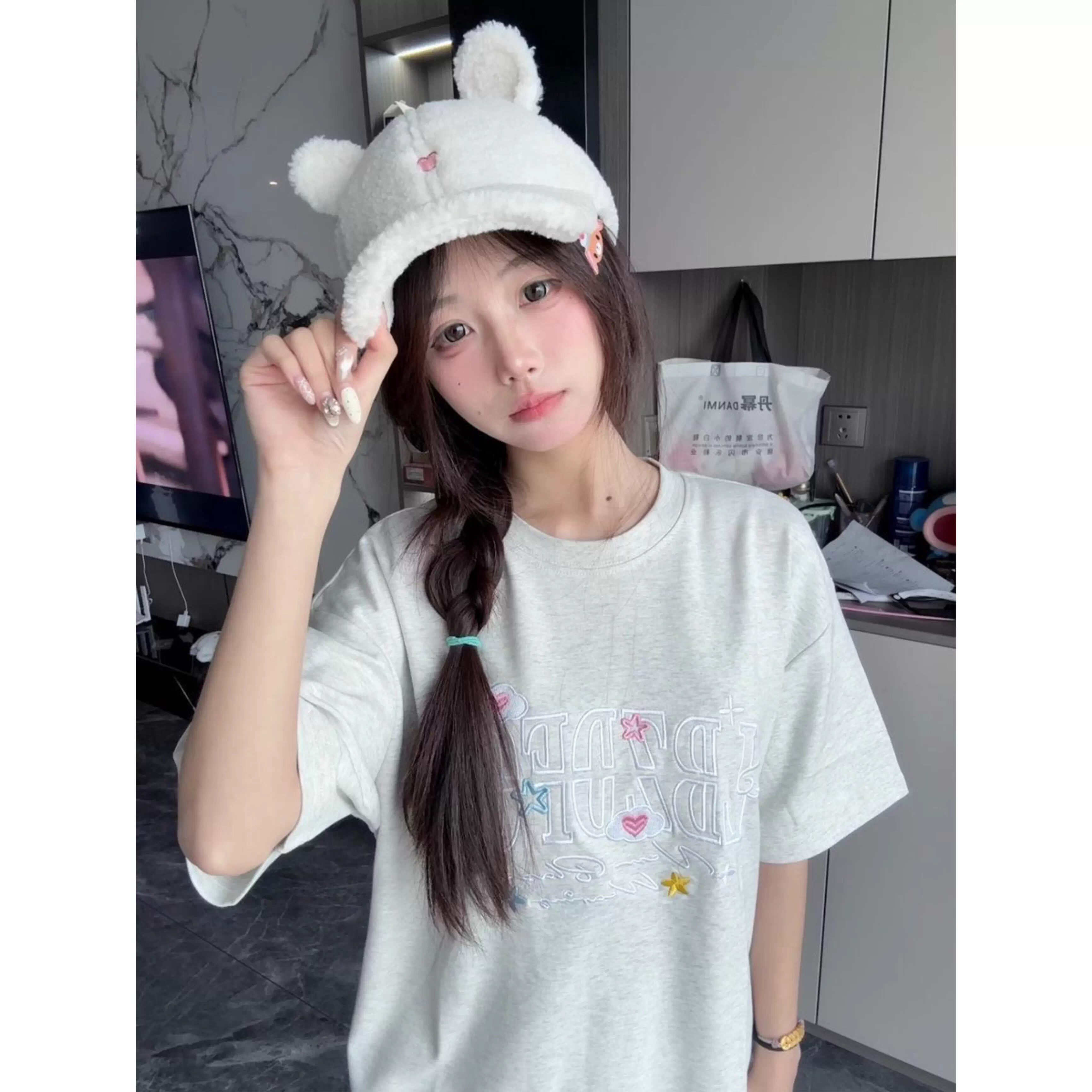 美式复古星星云朵刺绣字母短袖女