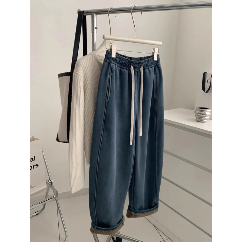 奥特莱斯~清仓捡漏水洗蓝加绒弯刀裤秋冬保暖复古拼接直筒牛仔裤