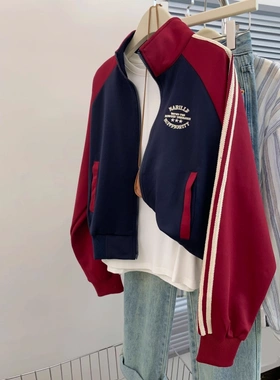 奥特莱斯~清仓捡漏美式插肩polo领拉链卫衣女宽松小个子开衫外套