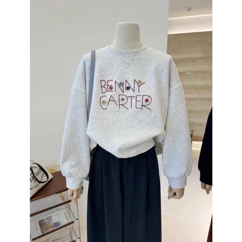 外贸出口余单高级感复古立体纽扣字母韩系宽松显瘦加绒加厚卫衣女