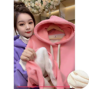 奥特莱斯~捡漏超厚羊羔绒红色卫衣女秋冬加绒加厚遮屁股上衣