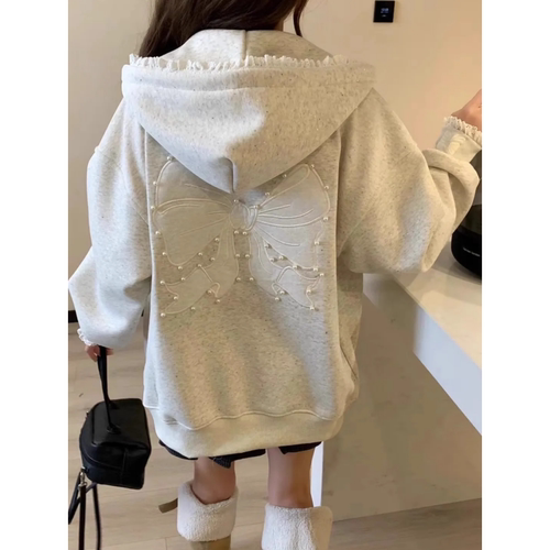 清仓尾货~大牌特价蝴蝶结钉珠蕾丝花边加绒加厚连帽外套女秋冬季