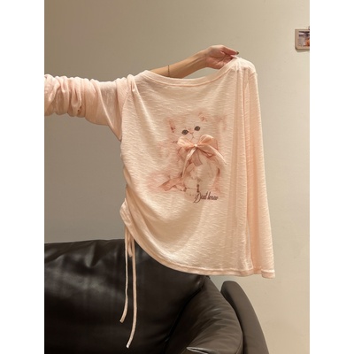 猫咪印花蝴蝶结侧抽褶长袖T恤