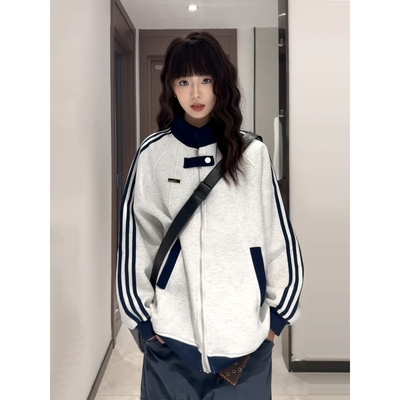 拼接撞色开衫卫衣外套男立领