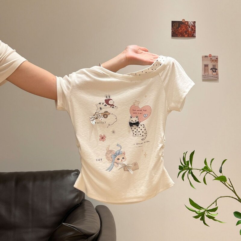 清仓捡漏~外贸余单蝴蝶结立体装饰波点斜领短袖T恤印花女收腰上衣