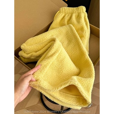 奶黄色摇粒绒抽绳休闲卫裤女冬季
