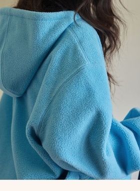 奥特莱斯~撤柜大牌慵懒风拉链连帽宽松毛毛外套女袋鼠兜毛绒卫衣